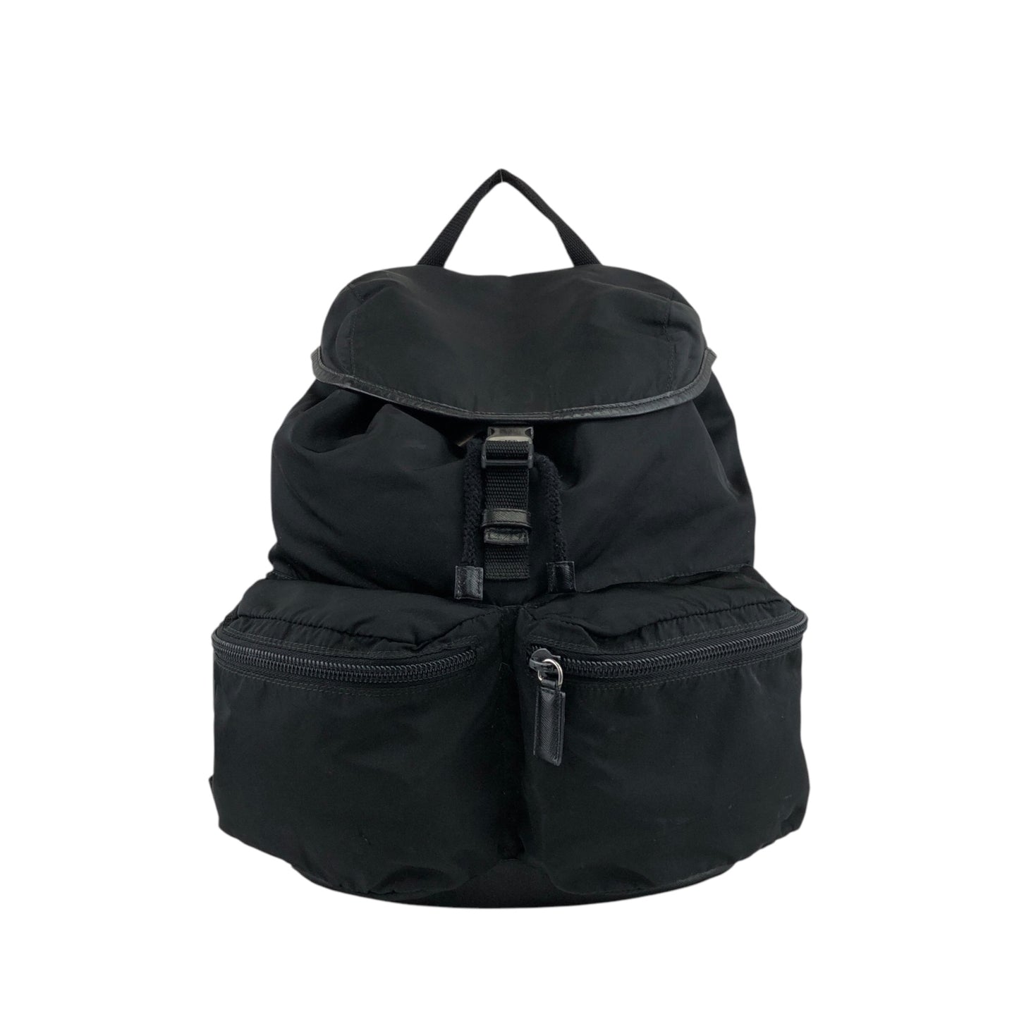 PRADA Triangle Logo Front Belt Double Pocket Backpack Black Vintage 7wppf4