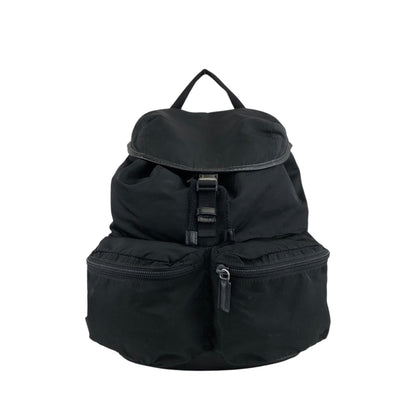 PRADA Triangle Logo Front Belt Double Pocket Backpack Black Vintage 7wppf4