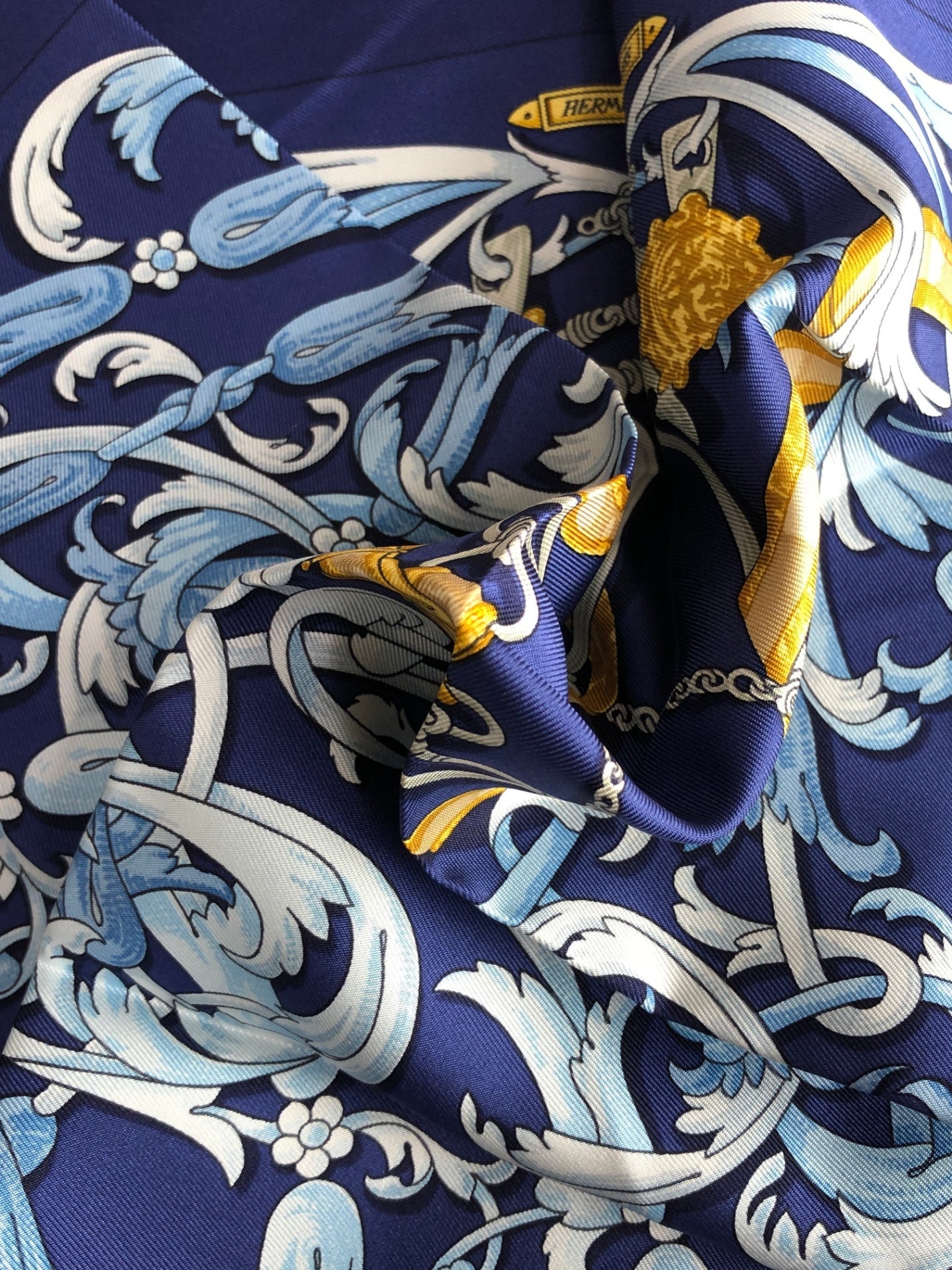 HERMES SILK Scarf Navy×Gold Le Mors à la Conetable Vintage gxjjt2