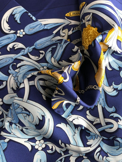 HERMES SILK Scarf Navy×Gold Le Mors à la Conetable Vintage gxjjt2