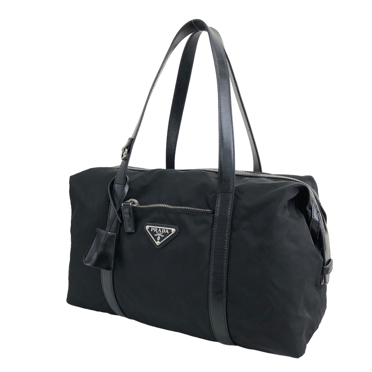 PRADA Triangle Logo Handbag Boston bag Black Vintage avf75u