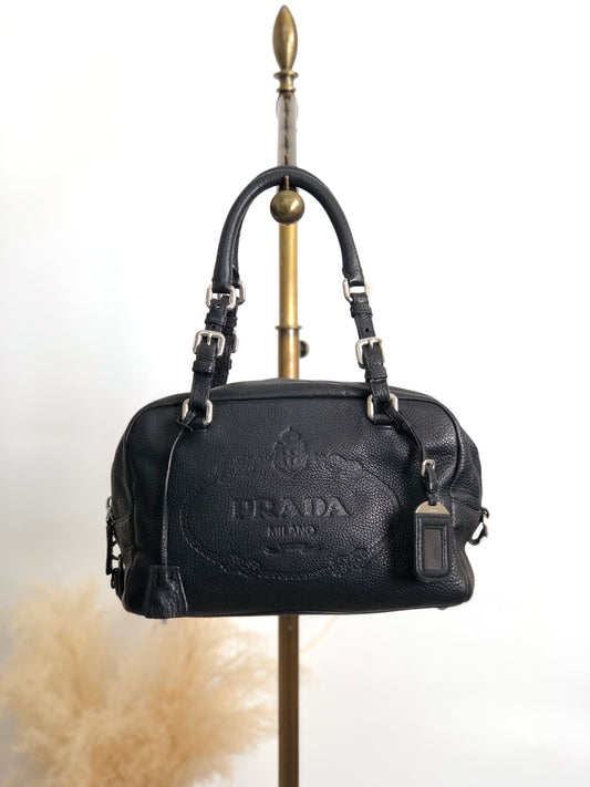PRADA Logo Embossed Small Boston bag Handbag Black Vintage maefbu