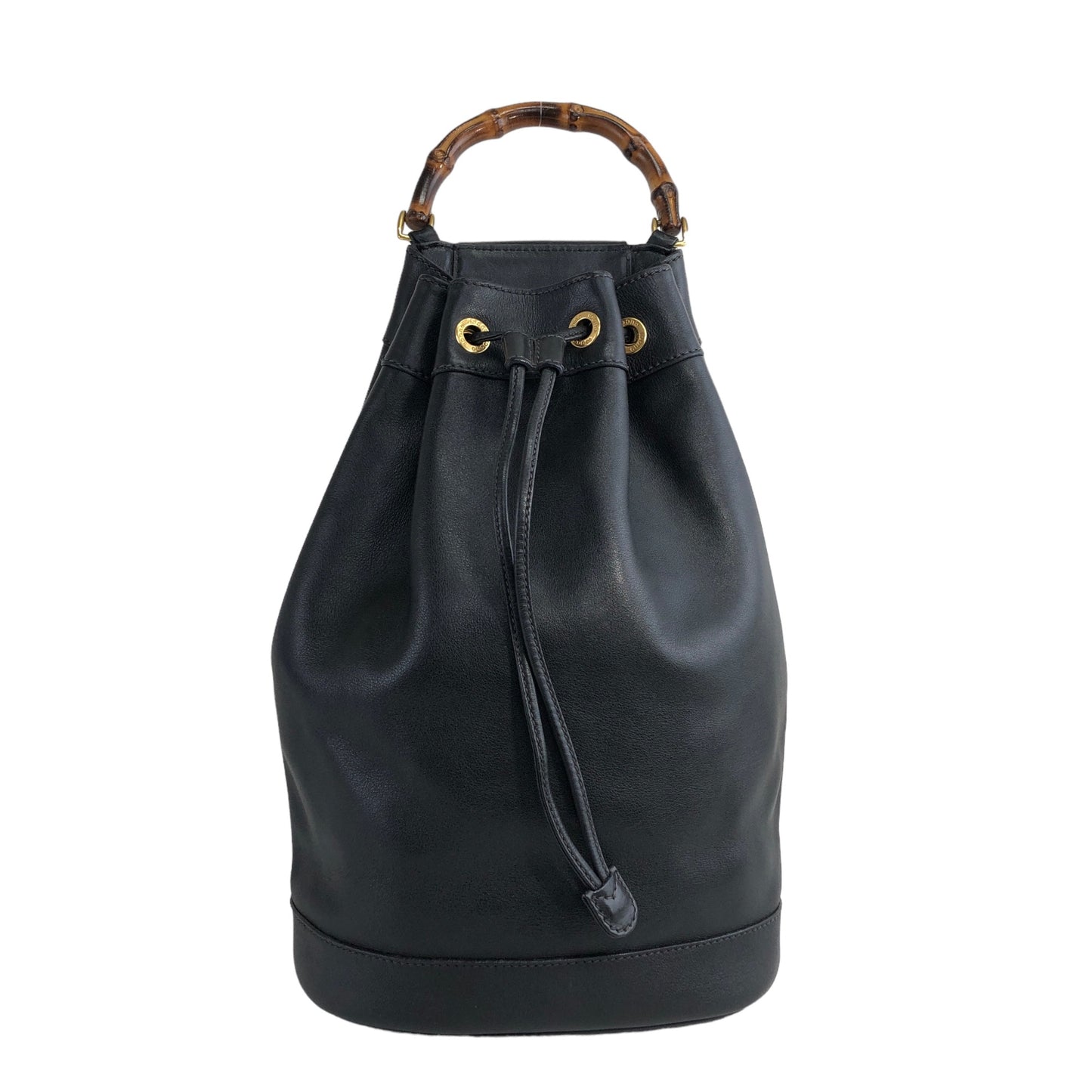 GUCCI Bamboo Leather Drawstring Shoulder bag Black Vintage f5ytcx