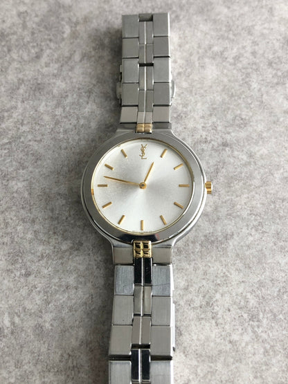 Yves Saint Laurent YSL Logo Quartz Watch Silver×Gold 9620-H13821Y Vintage 2pha88