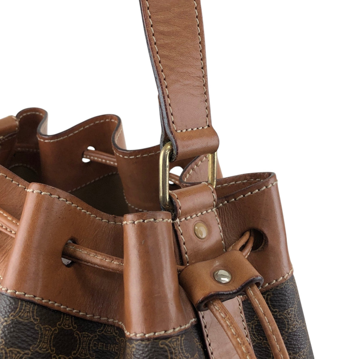 CELINE Macadam Blason Drawstring Shoulder bag Brown Vintage tc6d7e