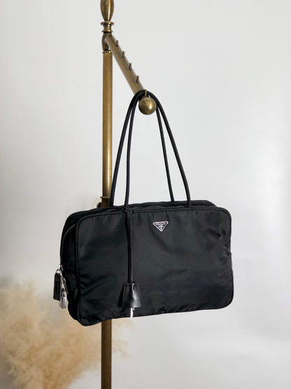 PRADA Tessuto Triangle Logo Padlock Boston bag Handbag Black Vintage 5ybv5s