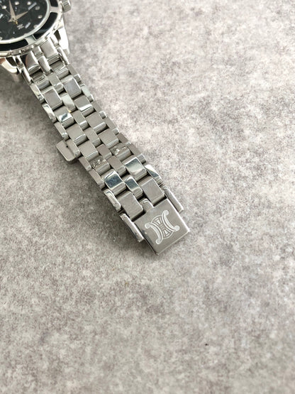 CELINE Blason Quartz Watch Silver×Black Vintage kdm68r