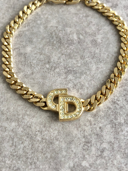Christian Dior CD Logo Rhinestone Bracelet Gold Vintage z765k8