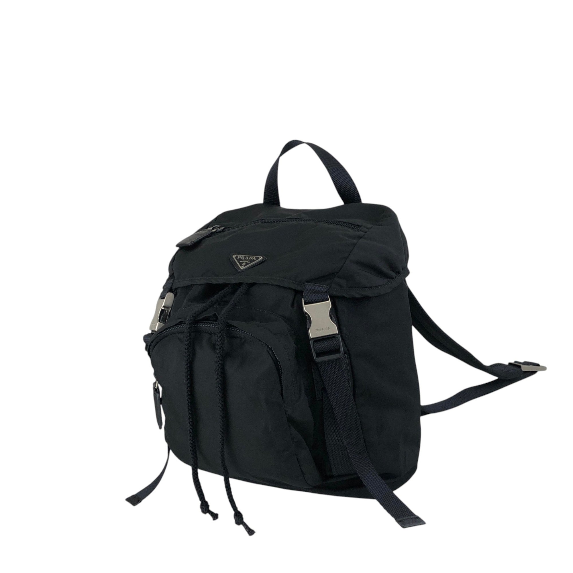 PRADA Tessuto Triangle Logo Front Buckle Backpack Black Vintage
