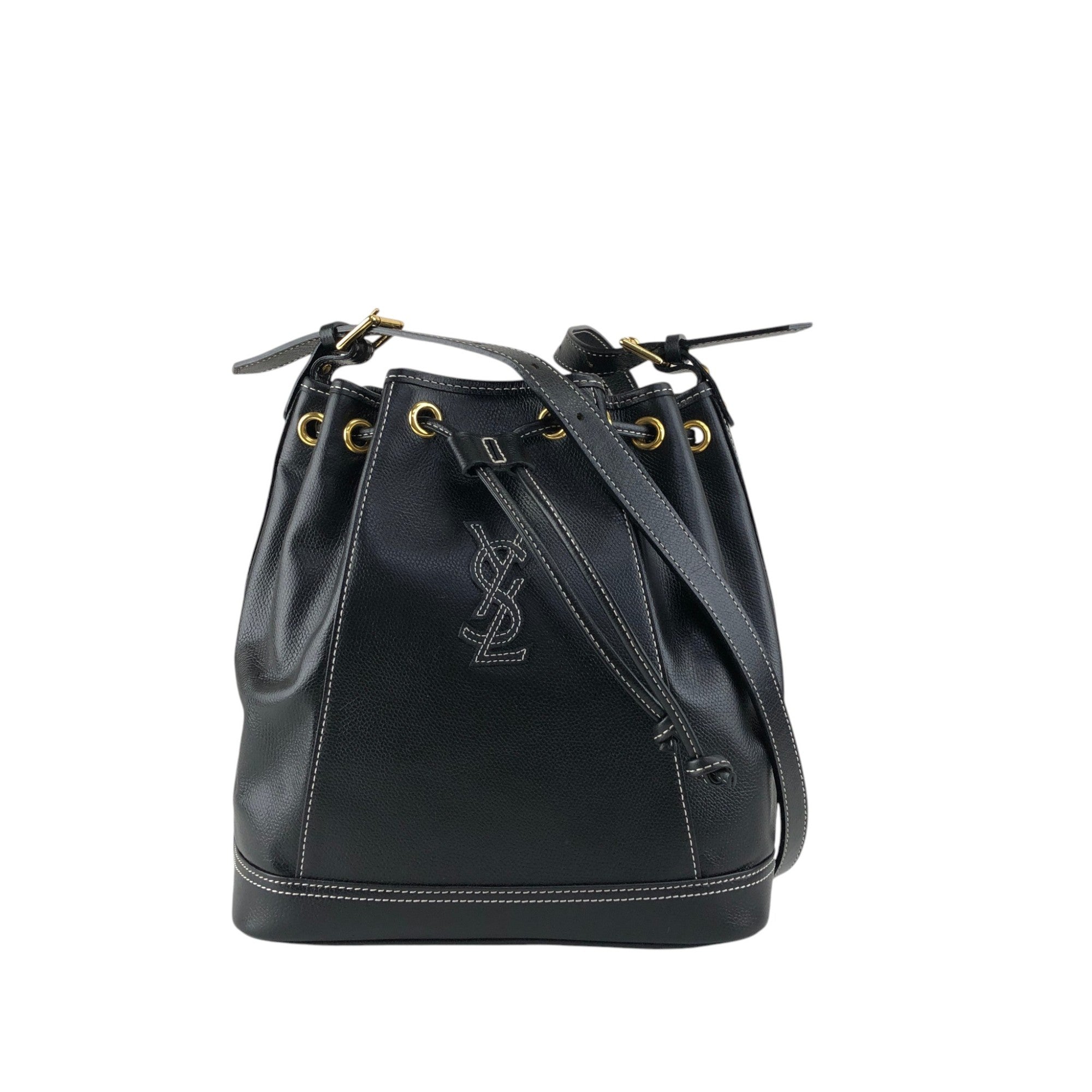 Yves Saint Laurent YSL Logo Stitch Drawstring Shoulder bag Black