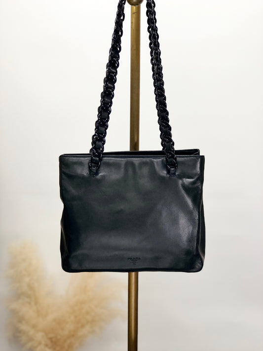 PRADA Logo Embossed Chain Shoulder bag Navy Vintage kgesgb