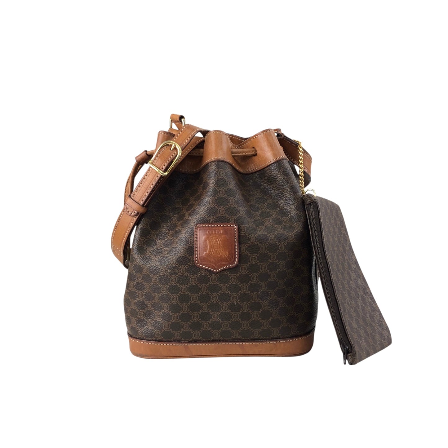 CELINE Macadam Blason Drawstring Shoulder bag Brown Vintage 7kmwfd