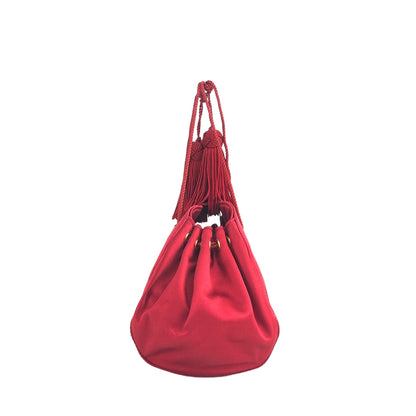 PRADA Logo Embroidery Satin Drawstring Mini Handbag Red Vintage e2mrt5