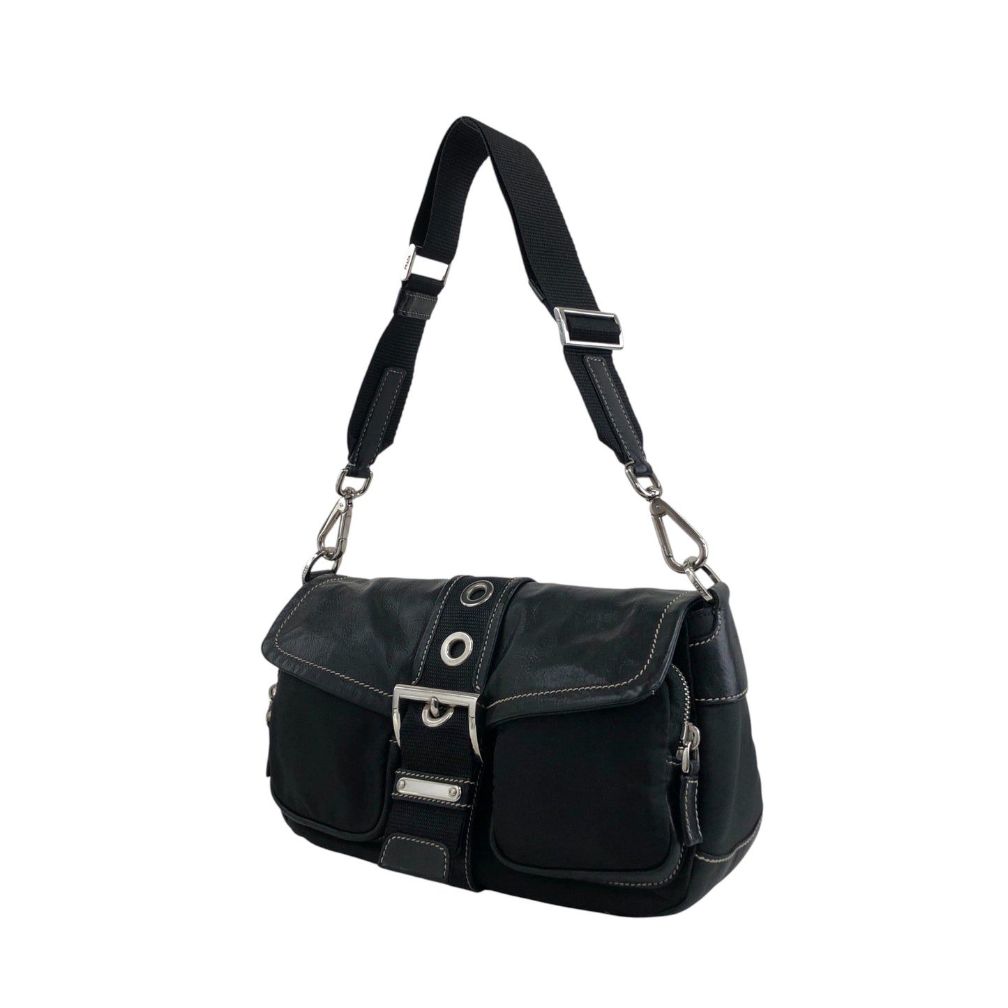 PRADA Tessuto Triangle Logo Front Buckle Shoulder bag Black Vintage dgr7v8