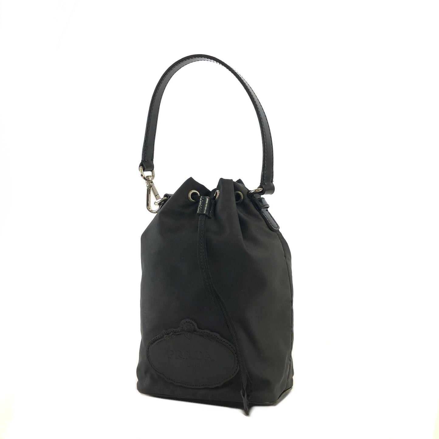 PRADA Logo Motif Nylon Drawstring Handbag Black Vintage 7tkxmg