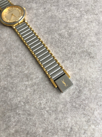 Yves Saint Laurent YSL Logo Quartz Watch Silver×Gold 4620-E62267Y Vintage ehmzr7