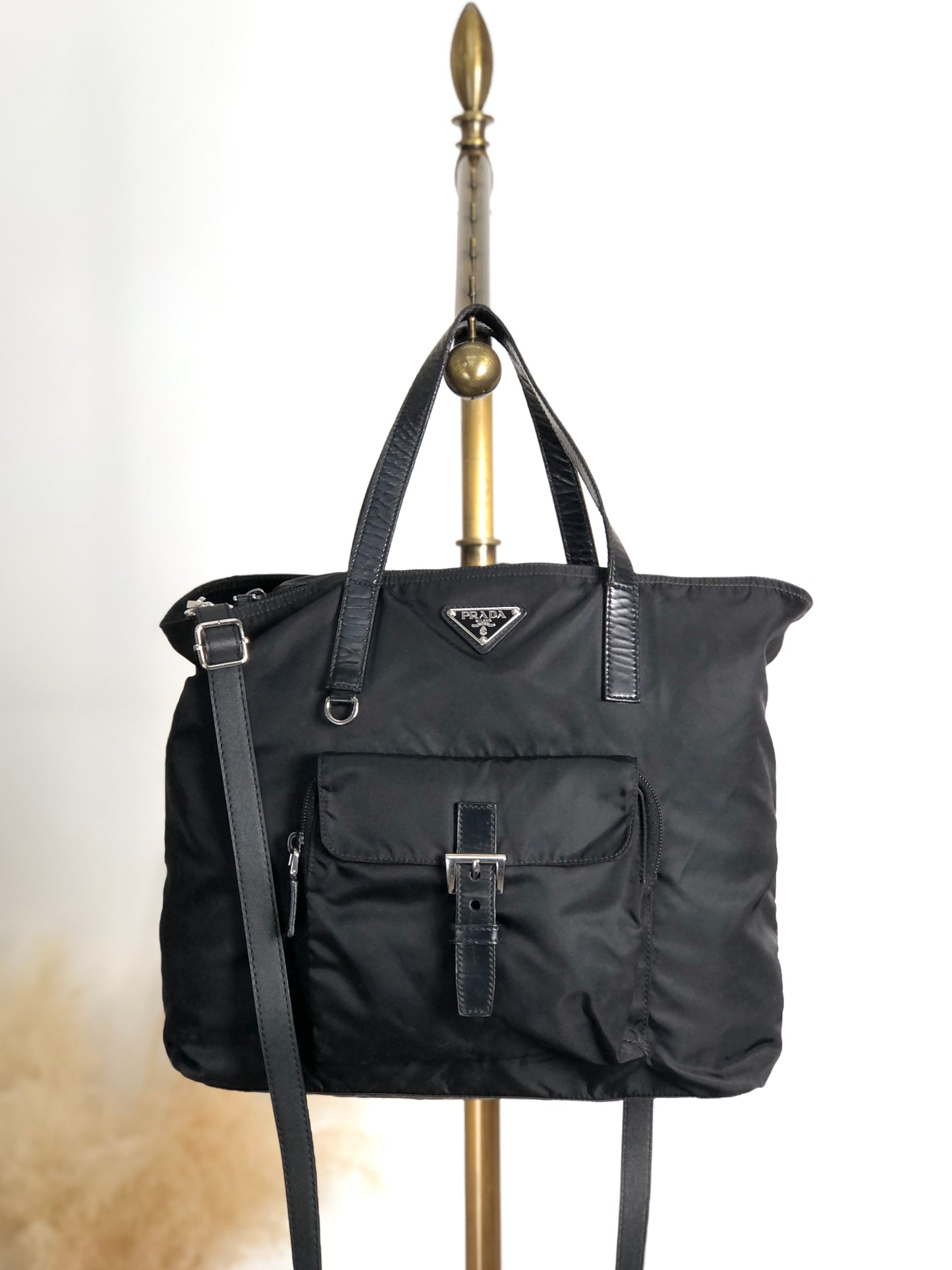 PRADA Tessuto Triangle Logo Front Pocket Two-way Handbag Shoulder bag Black Vintage kuap33