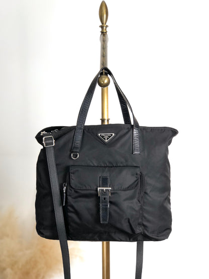 PRADA Tessuto Triangle Logo Front Pocket Two-way Handbag Shoulder bag Black Vintage kuap33