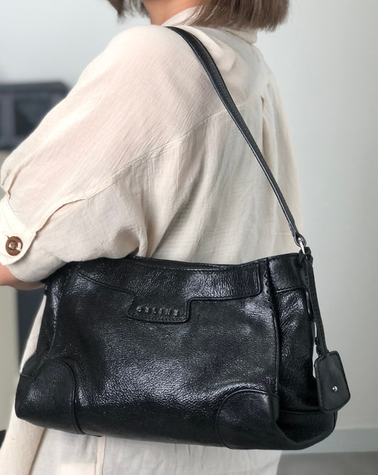 CELINE Horse Carriage Logo Handbag Hobobag Black Vintage hieixd