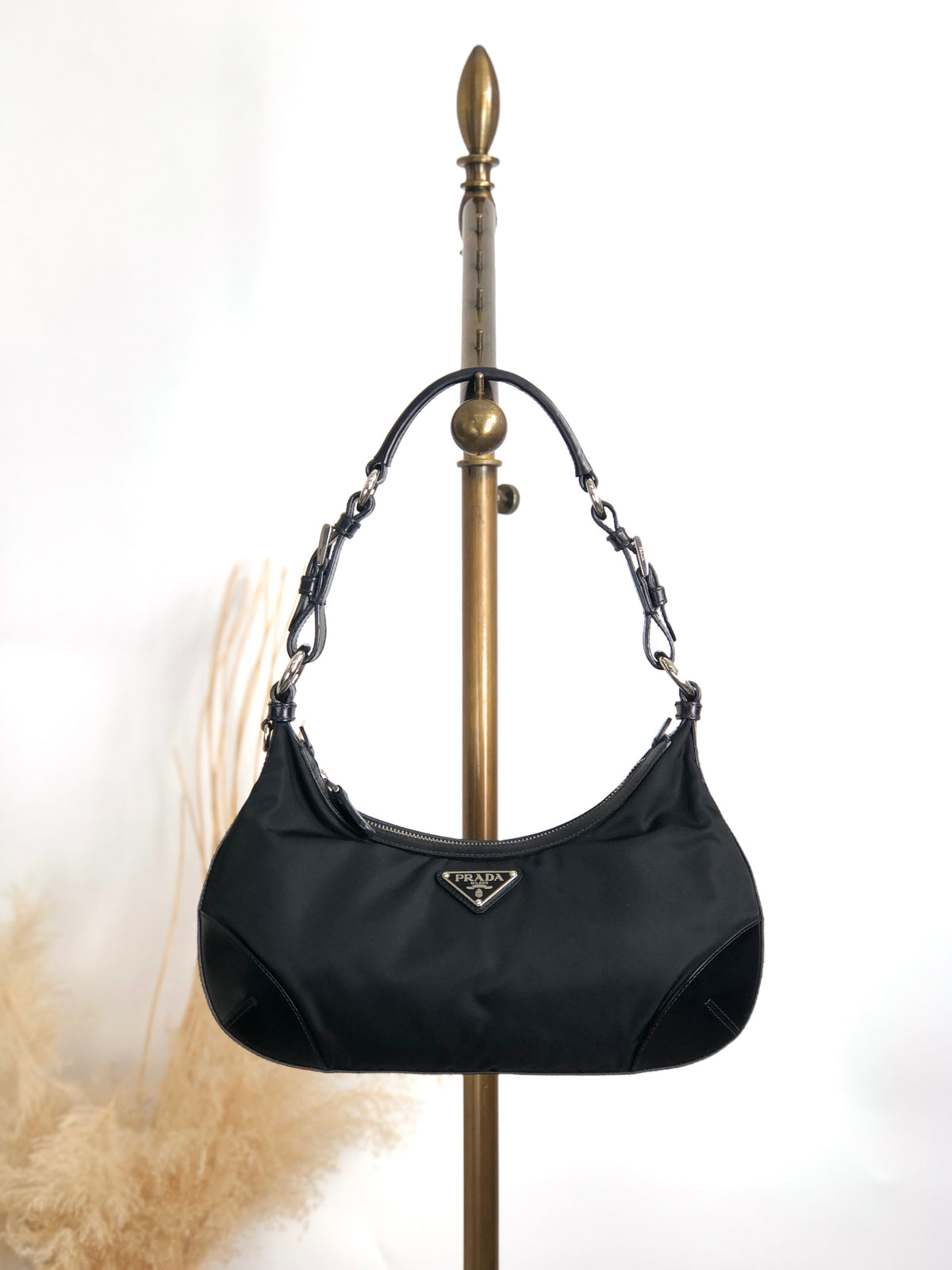 PRADA Triangle Logo Shoulder bag Hobobag Black Vintage cpgmii