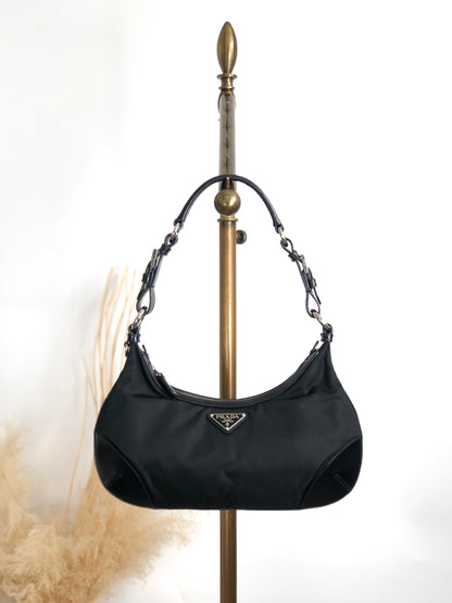 PRADA Triangle Logo Shoulder bag Hobobag Black Vintage cpgmii