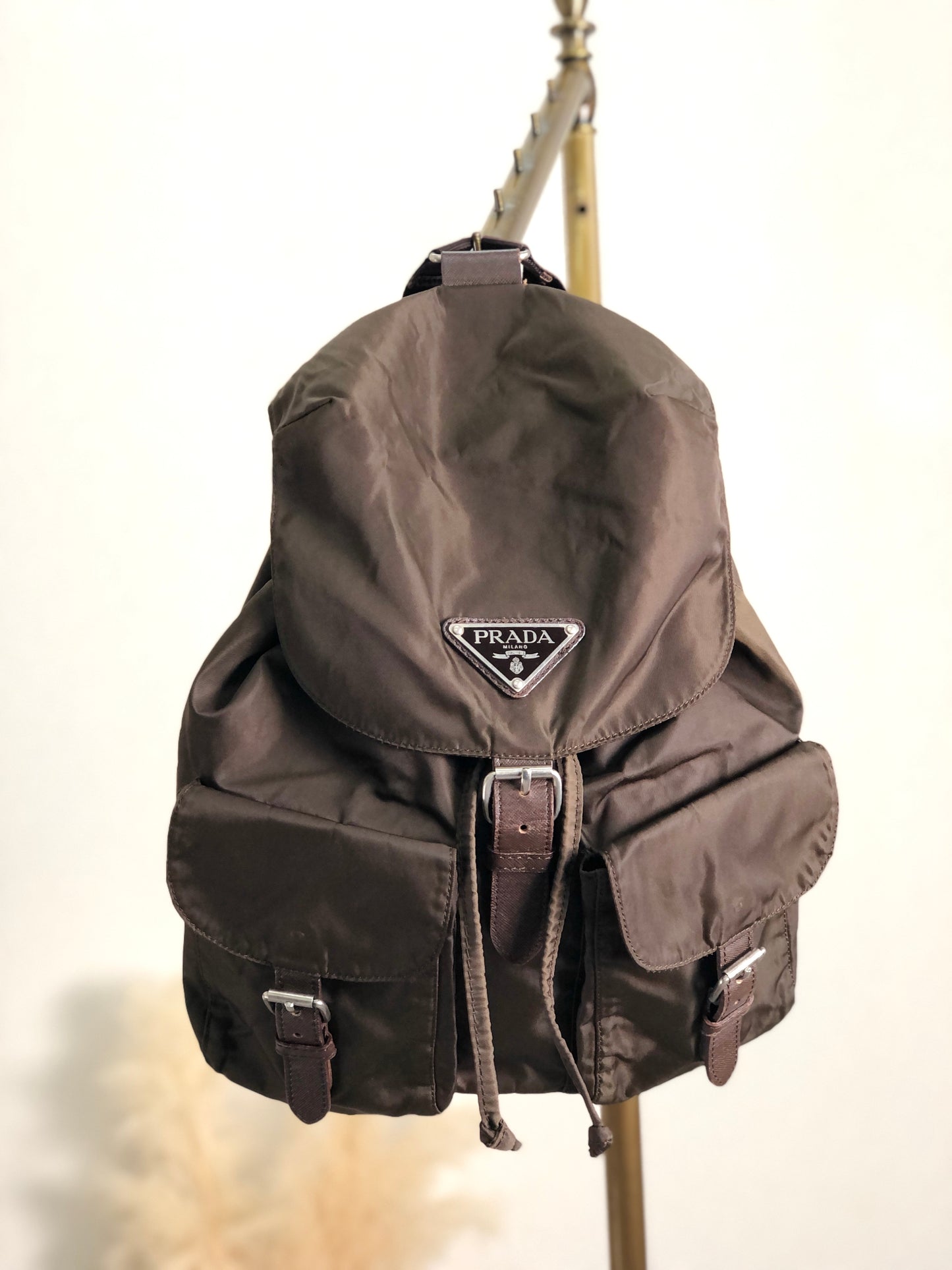 PRADA Triangle Logo Front Buckle Backpack Brown Vintage zuawdm