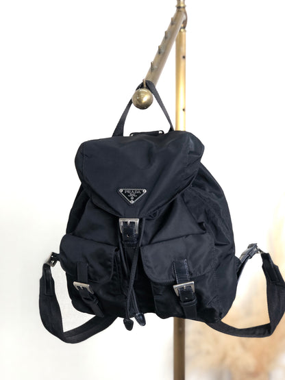 PRADA Triangle Logo Front Buckle Backpack Black Vintage hbt85k