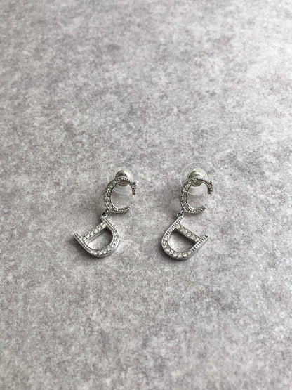 Christian Dior CD Logo Rhinestone Pierced Silver Vintage tm6szb
