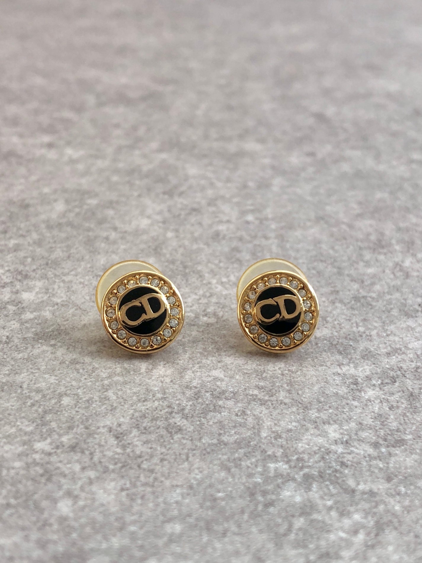 Christian Dior CD Logo Rhinestone Pierced Silver×Black Vintage twgnkz