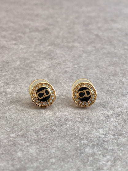 Christian Dior CD Logo Rhinestone Pierced Silver×Black Vintage twgnkz