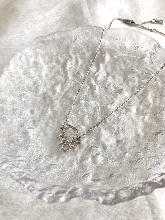 Christian Dior Logo Motif Rhinestone Necklace Silver Vintage vbvhud