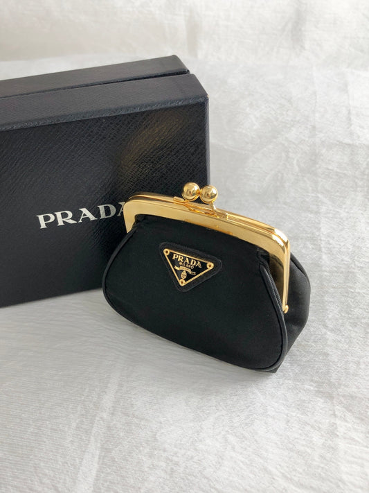 PRADA Triangle Logo Metal Clasp Coin Purse Black Vintage 7myyux