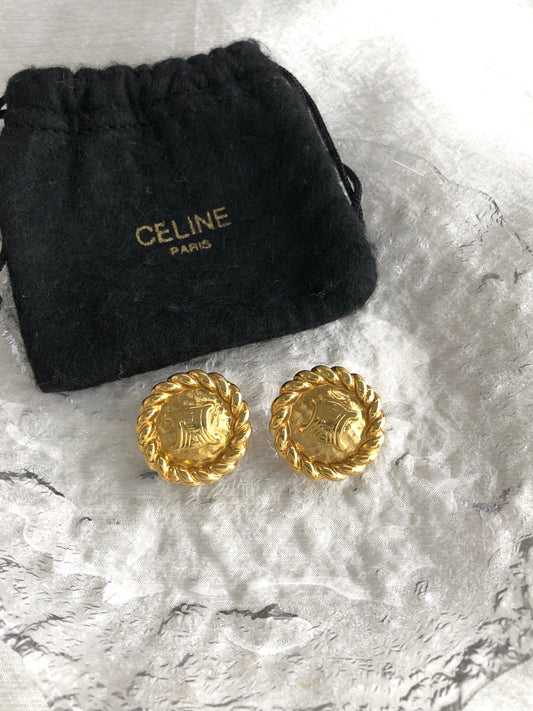 CELINE Triomphe Earrings Gold Vintage 5kuznv