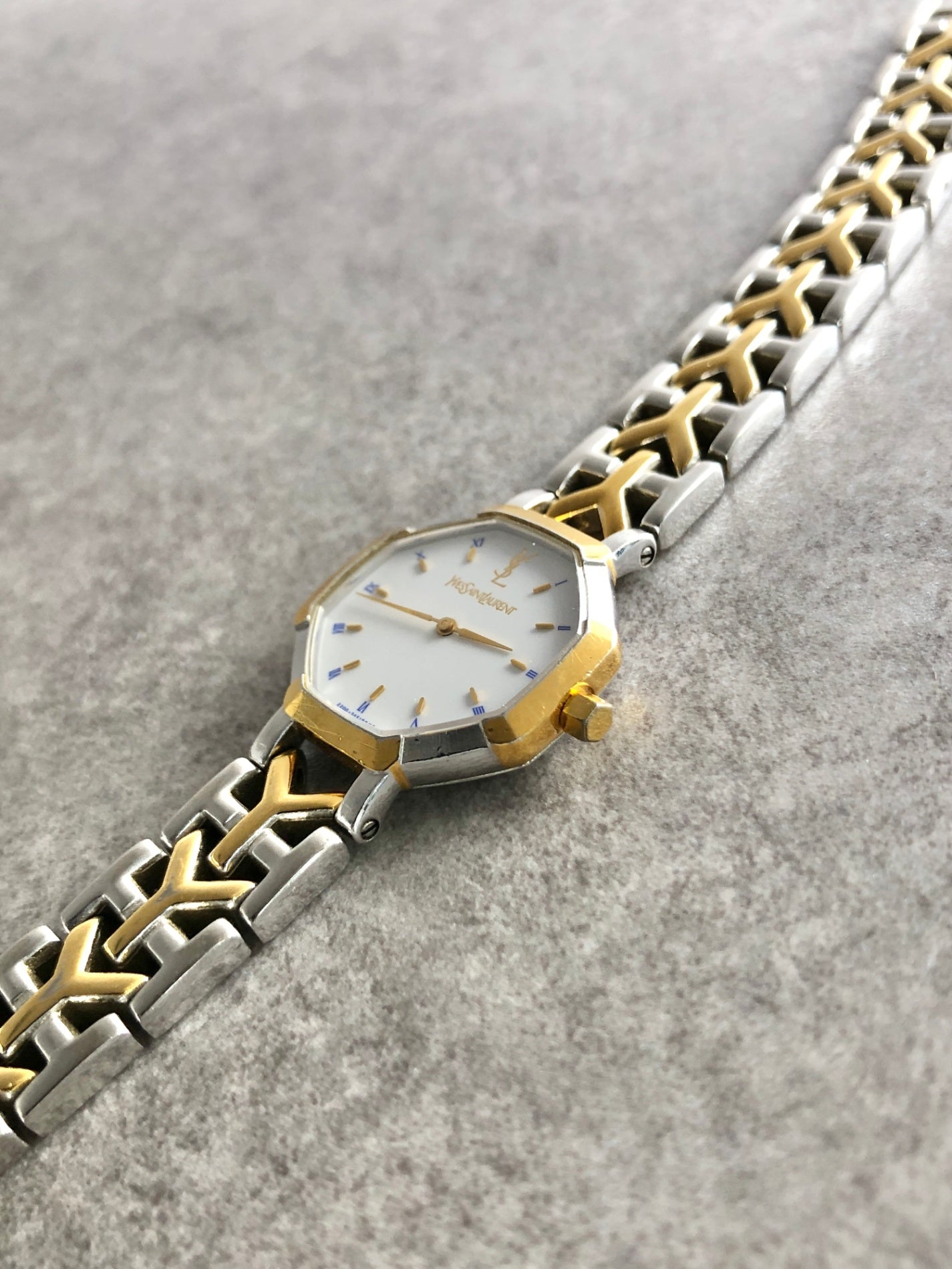 Yves Saint Laurent YSL Logo Octagon Quartz Watch Silver×Gold 2200-226313 Vintage famare
