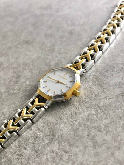 Yves Saint Laurent YSL Logo Octagon Quartz Watch Silver×Gold 2200-226313 Vintage famare
