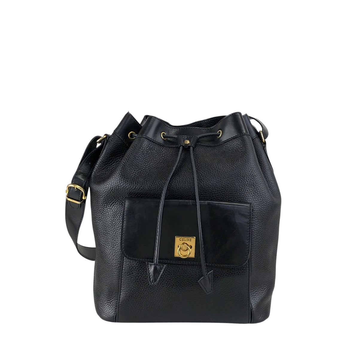 CELINE Gancini Front Pocket Drawstring Shoulder bag Black Vintage 3gt2jh