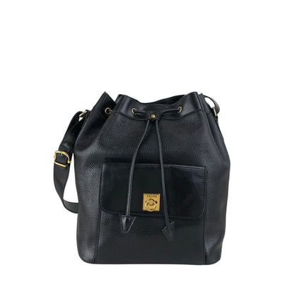 CELINE Gancini Front Pocket Drawstring Shoulder bag Black Vintage 3gt2jh