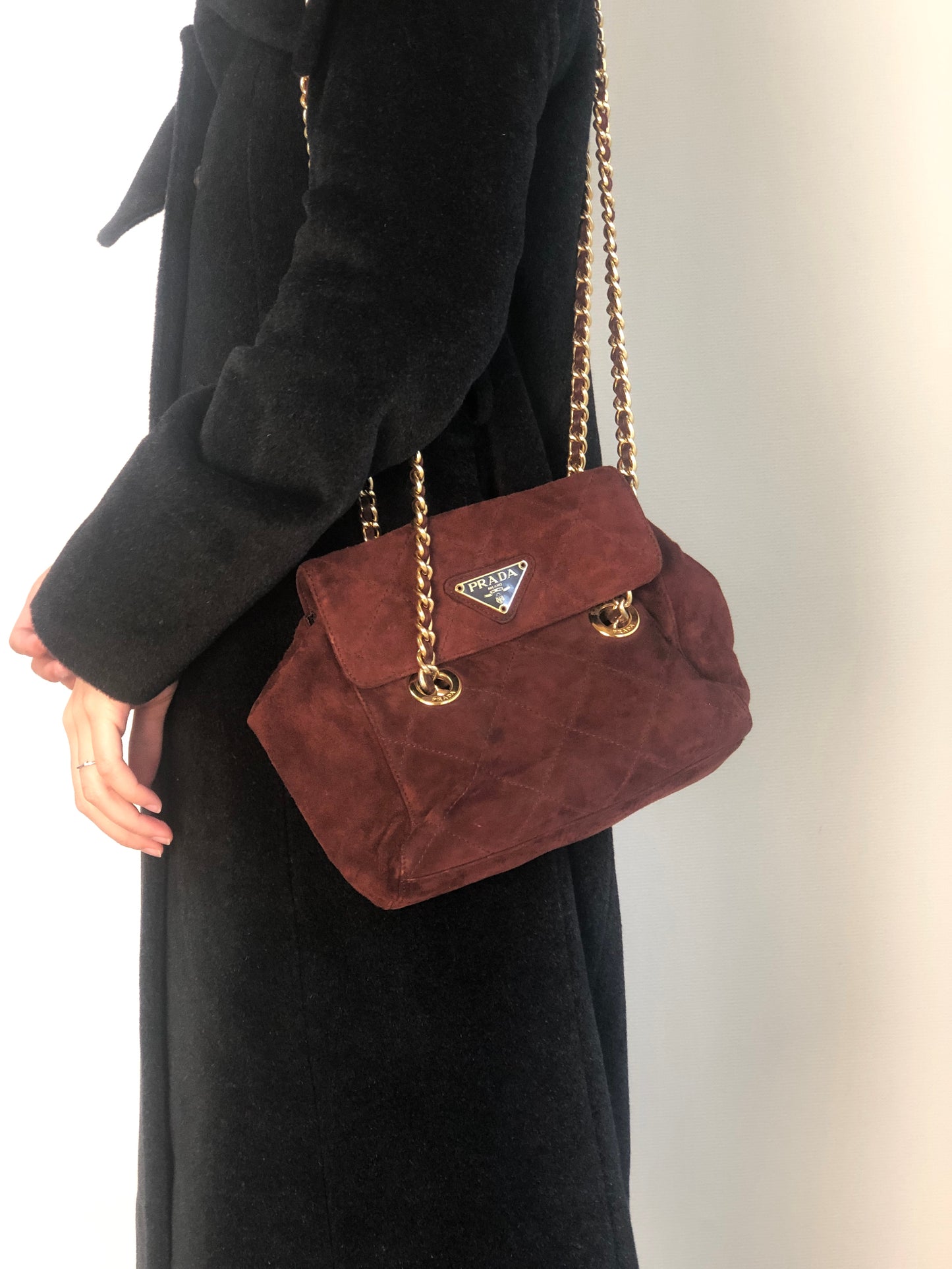 PRADA Triangle Logo Chain Shoulder bag Brown Vintage aprb7j