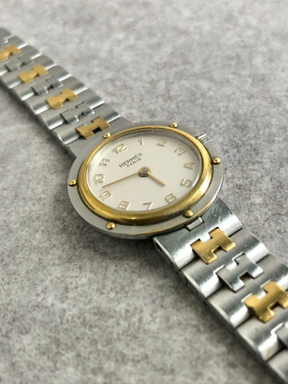 HERMES Logo Quartz Watch Silver×Gold Vintage ud4ac3