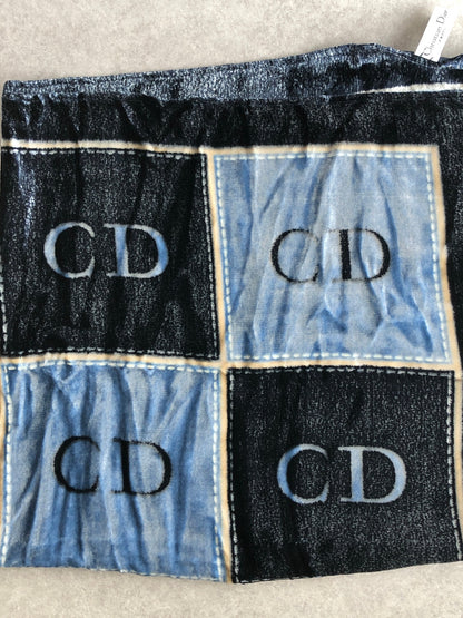 Christian Dior CD Logo Motif SILK×Rayon Scarf Blue Vintage bdtfji