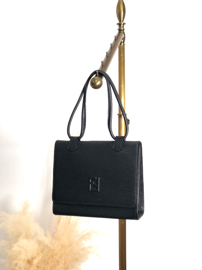 FENDI Logo Embossed Small Handbag Black Vintage h4nbvt