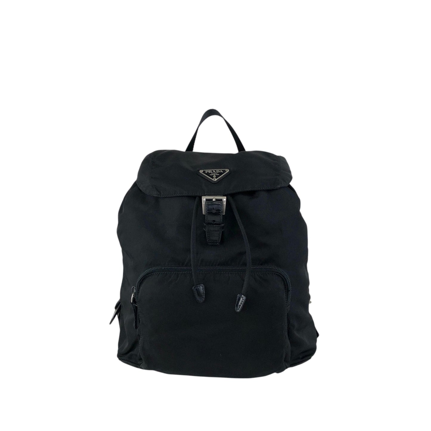 PRADA Tessuto Triangle Logo Front Buckle Backpack Black Vintage vwh35w