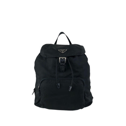 PRADA Tessuto Triangle Logo Front Buckle Backpack Black Vintage vwh35w