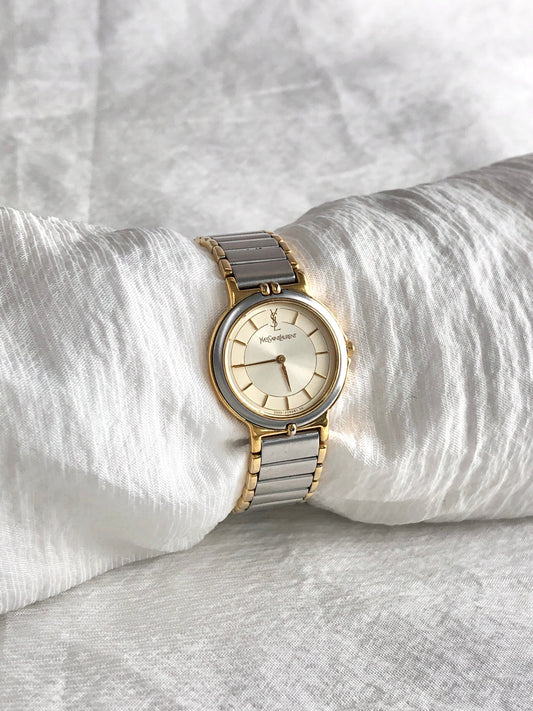 Yves Saint Laurent YSL Logo Quartz Watch Gold×Silver 2200-228481 Vintage wgv3bg