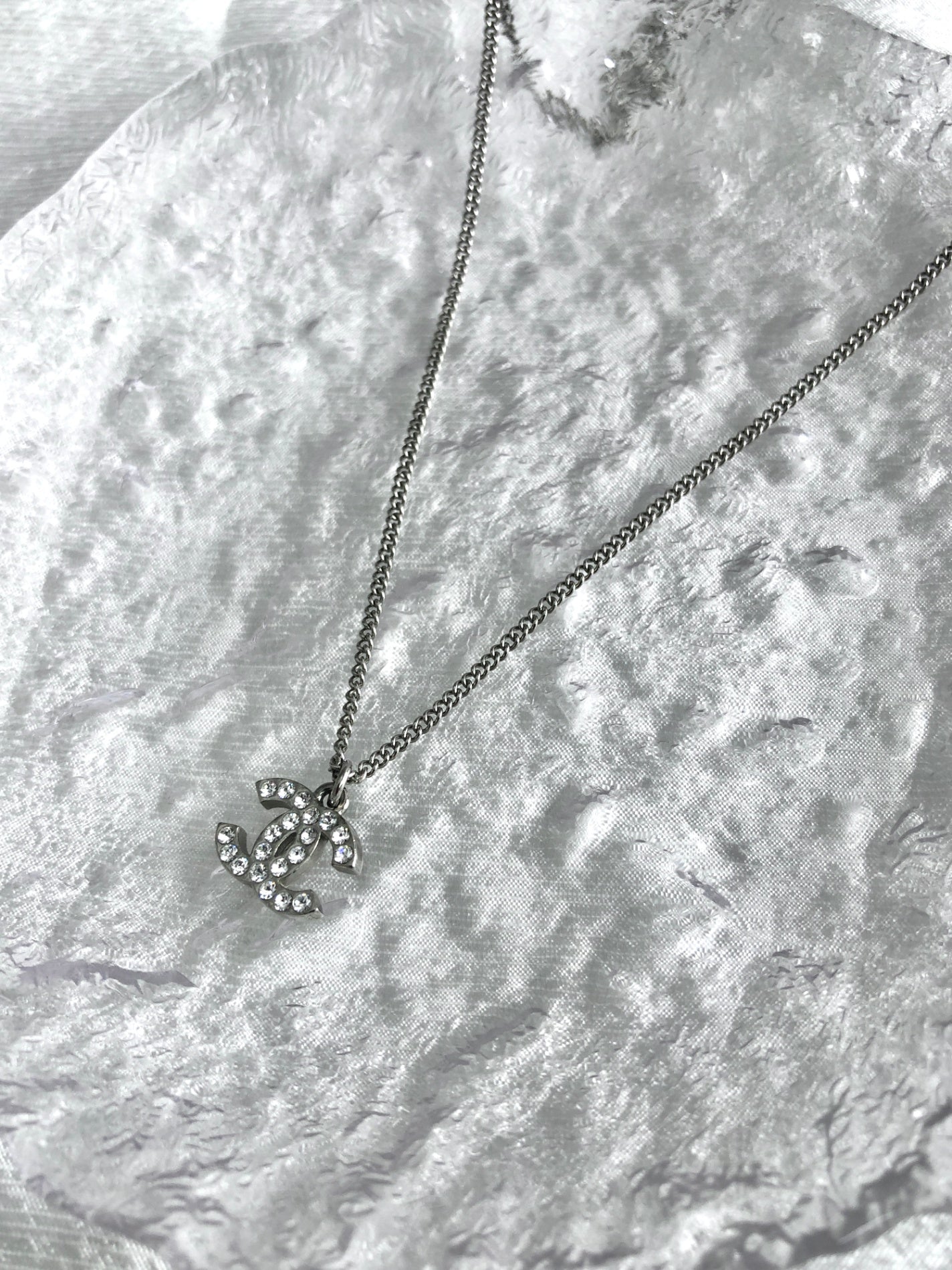 CHANEL Coco Mark Rhinestone Necklace Silver Vintage sd7rmx
