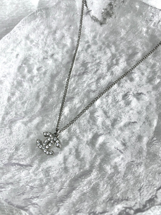 CHANEL Coco Mark Rhinestone Necklace Silver Vintage sd7rmx