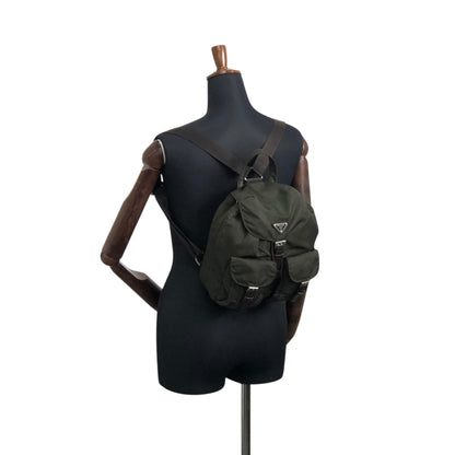 PRADA Tessuto Triangle Logo Double Pocket  Backpack Khaki B2811F Vintage zyewrg