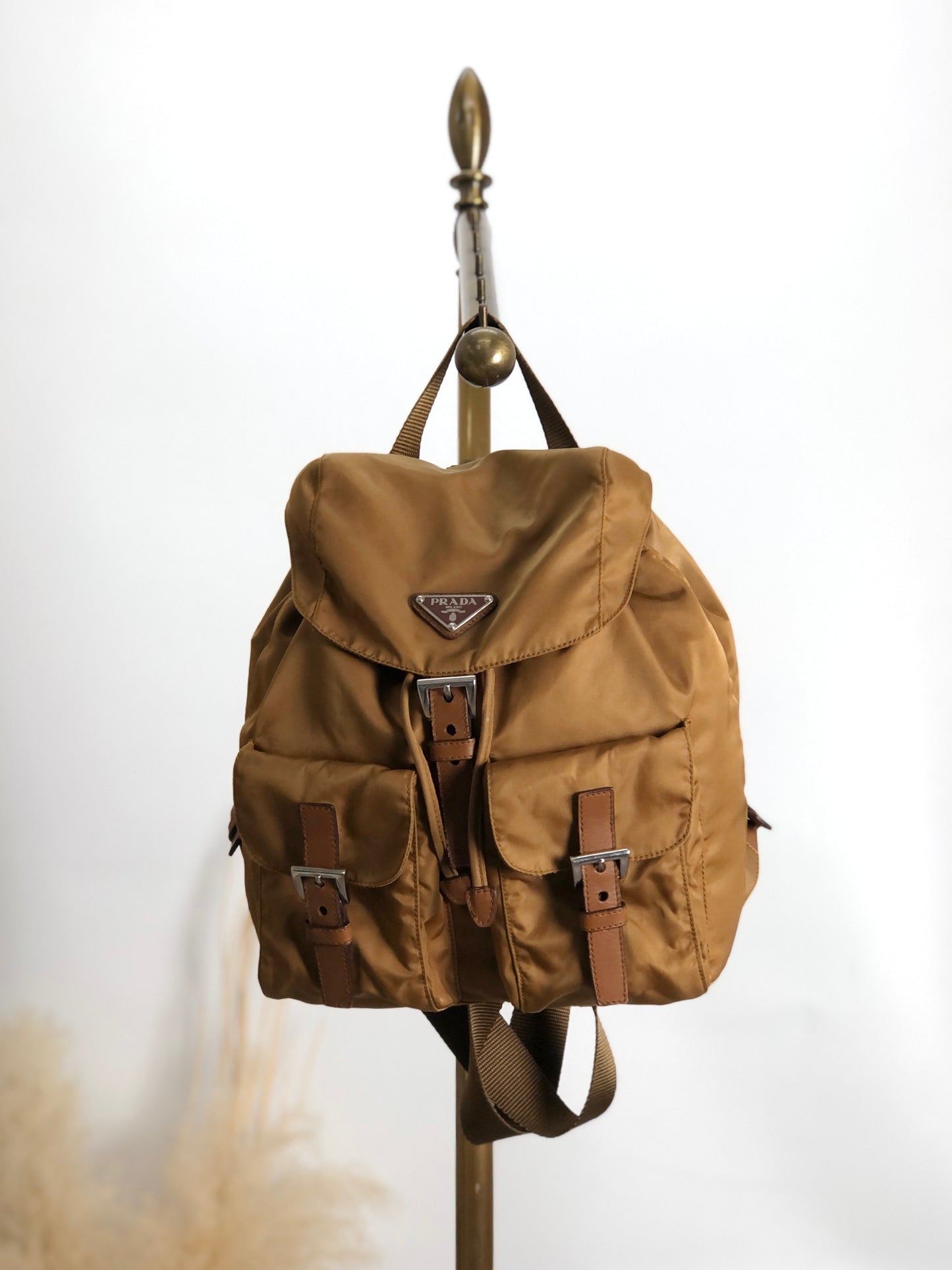 PRADA Tessuto Triangle Logo Double Pocket Backpack Beige Vintage rb8azz