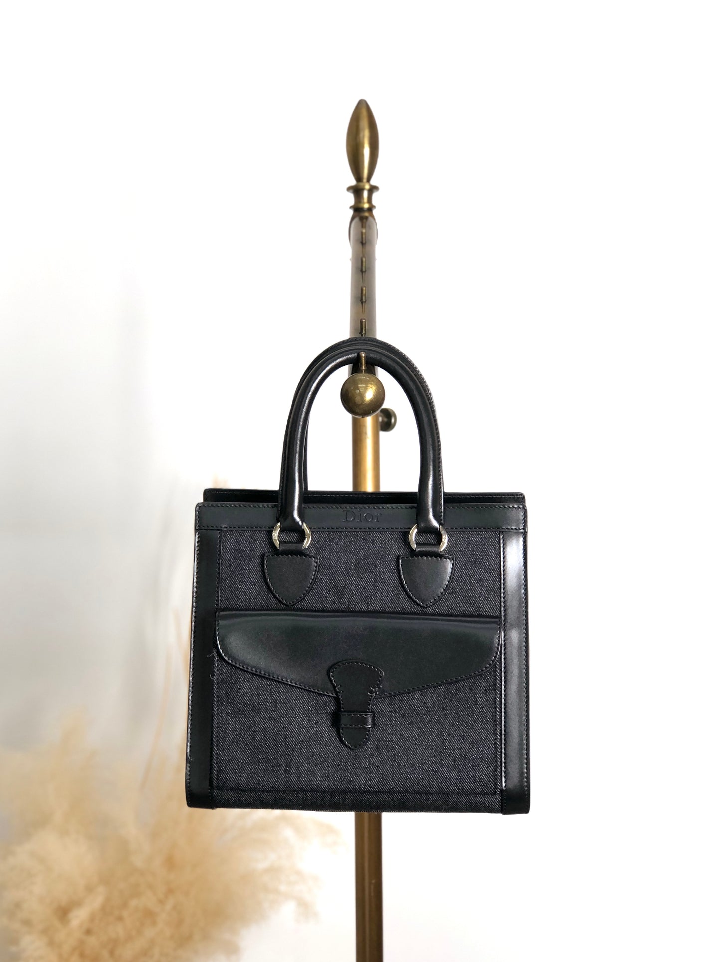 Christian Dior Logo Handbag Black,Indigo Canvas Denim Vintage 554rfk