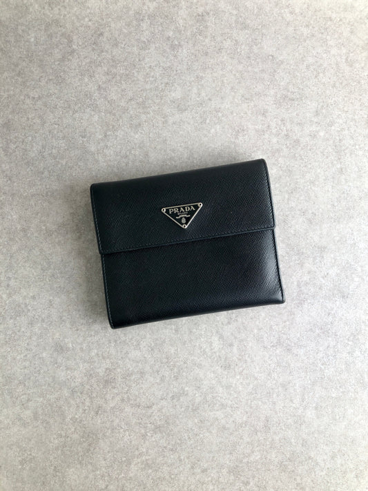 PRADA Triangle Logo Trifold Wallet Black Vintage ar5u7c